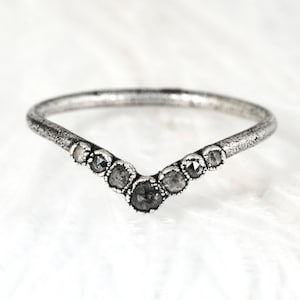 Salt And Pepper Diamond Wishbone Ring Pure Silver Wave Ring Chevron Wedding Band With Stones