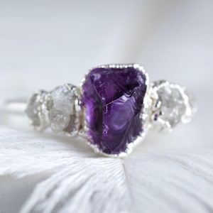 Amethyst And Diamond Ring. Raw Amethyst Ring. Amethyst Engagement Ring. Alternative Engagement Ring. 999 Pure Silver Ring. Promise Ring image 1