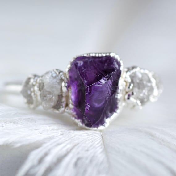 Amethyst And Diamond Ring. Raw Amethyst Ring. Amethyst Engagement Ring. Alternative Engagement Ring. 999 Pure Silver Ring. Promise Ring
