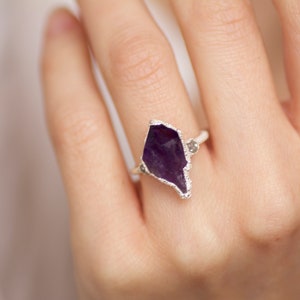 999 Pure Fine Silver RawAmethyst and White Raw Diamond Engagement Ring Engagement Ring Amethyst Engagement Ring Raw Stone Engagement Ring image 3