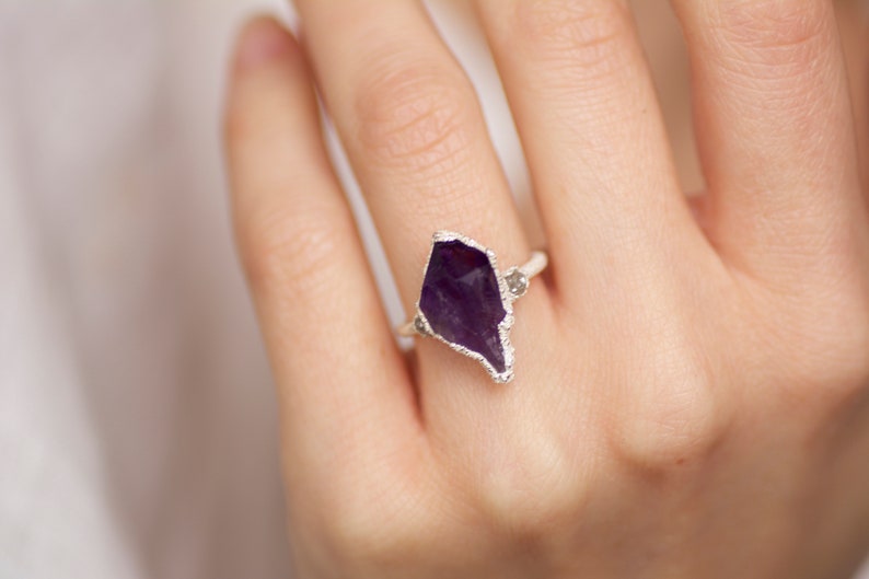 999 Pure Fine Silver RawAmethyst and White Raw Diamond Engagement Ring Engagement Ring Amethyst Engagement Ring Raw Stone Engagement Ring image 3