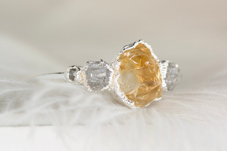 999 Pure Fine Silver Rough Raw Citrine and White Raw Diamond Alternative Engagement Ring and Raw Rough White Diamond Chevron Wave Ring image 5