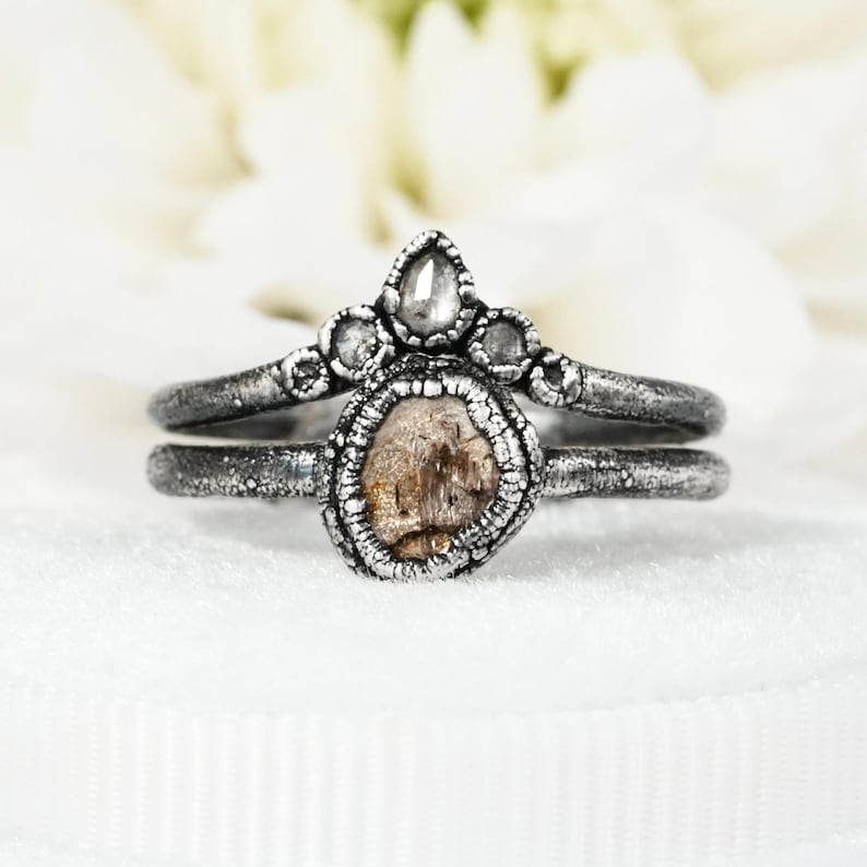 Diamond Slice Ring Brown Galaxy Diamond Ring Alternative Engagement Band 999 Silver Unique Promise Ring Salt and Pepper Diamond Jewellery image 3