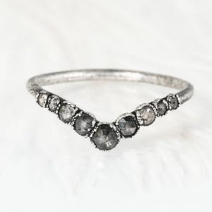 999 Pure Fine Silver Natural Salt And Pepper Diamond Chevron Wave Wedding Band Ring Diamond Wave Ring Grey Gray Diamond Chevron Wave Ring