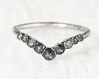 999 Pure Fine Silver Natural Salt And Pepper Diamond Chevron Wave Wedding Band Ring Diamond Wave Ring Grey Gray Diamond Chevron Wave Ring