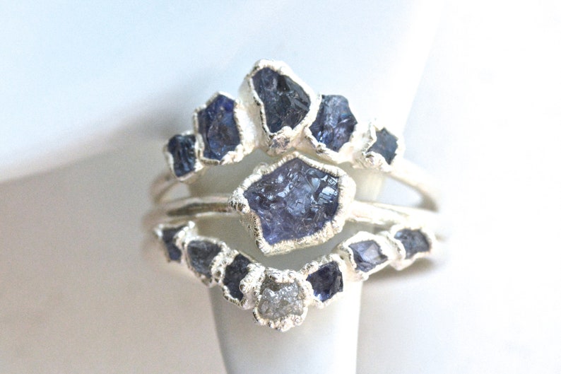 Tanzanite and Diamond Chevron Band Ring. 999 Pure Fine Silver Raw Tanzanite and Raw Diamond Chevron Wedding Band Ring Raw Tanzanite Ring