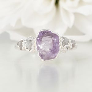 Raw Amethys and White Raw Diamond Ring. 999 Pure Fine Silver Alternative Engagement Ring Silver Amethyst and Diamond Engagement Ring