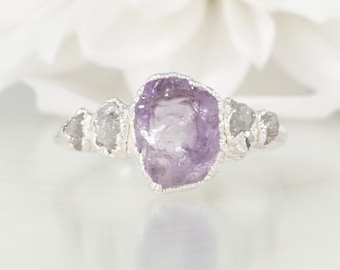 Raw Amethys and White Raw Diamond Ring. 999 Pure Fine Silver Alternative Engagement Ring Silver Amethyst and Diamond Engagement Ring