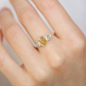 999 Pure Fine Silver Rough Raw Citrine and White Raw Diamond Alternative Engagement Ring and Raw Rough White Diamond Chevron Wave Ring image 9