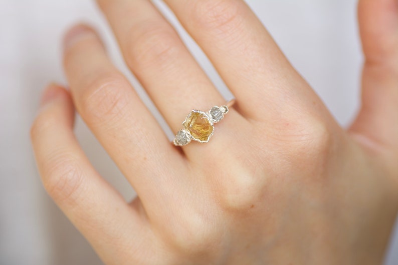 999 Pure Fine Silver Rough Raw Citrine and White Raw Diamond Alternative Engagement Ring and Raw Rough White Diamond Chevron Wave Ring image 9