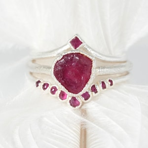 SET or SINGLE // Raw Ruby Crystal Wedding Ring Set. Hot Pink Crystal Ring Natural Ruby Ring