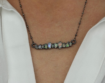 Raw Australian Opal Necklace. 999 Pure Silver Electroformed Black Silver Raw Rough Uncut Australian Opal Horizontal Bar Necklace