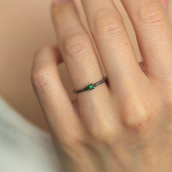 Solitaire Emerald Ring Silver Electroformed Dark Green Raw Rough Emerald Ring Emerald Ring Raw Emerald Rings Solitaire Emerald Ring