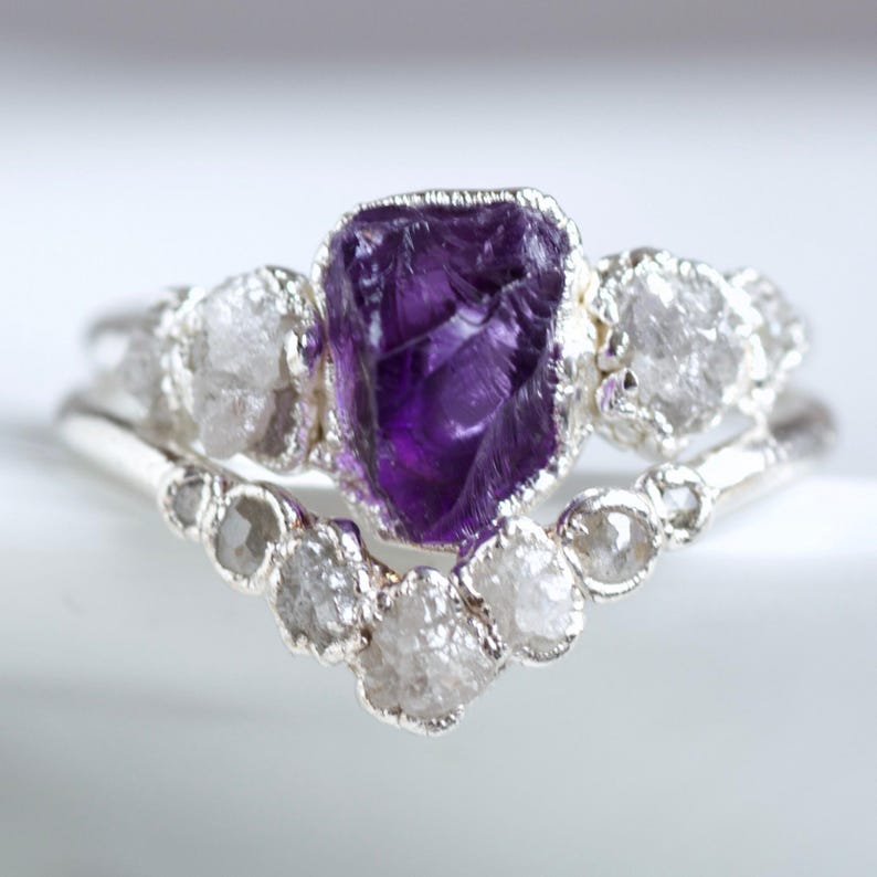 Amethyst And Diamond Ring. Raw Amethyst Ring. Amethyst Engagement Ring. Alternative Engagement Ring. 999 Pure Silver Ring. Promise Ring image 3