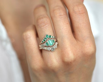 SET or SINGLE // Raw Emerald Crystal Ring and Diamond Wedding Set Emerald Wedding Set Raw Diamond Wave Band