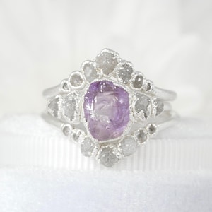 SET or SINGLE / Raw Amethyst and Raw Diamond Ring Set. Custom Wedding Set Lavender Gemstone Proposal Wedding Band Electroformed 999 Silver
