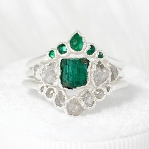 SET or SINGLE // Raw Emerald and Raw Diamond Wedding Ring Set