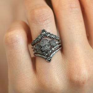 Custom Raw Gray Diamond Wedding Set. Galaxy Diamond Engagement Wave Ring Rustic Salt and Pepper Ring Urban Proposal 999 Pure Silver Ring