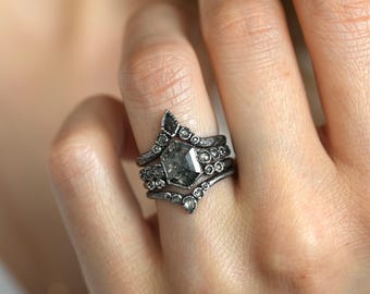 SET or SINGLE // Salt and Pepper Hexagon White Diamond Rings
