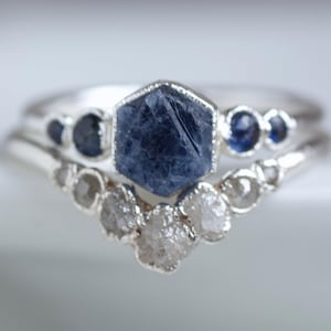 Sapphire and Diamond Wedding Ring Set Raw Blue Sapphire Engagement Ring Natural Crystal Proposal Ring Diamond Wedding Band Alternative Ring