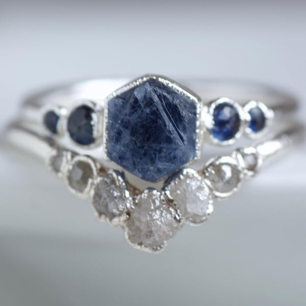 Sapphire and Diamond Wedding Ring. Set Raw Blue Sapphire Engagement Ring Natural Crystal Proposal Ring Diamond Wedding Band Alternative Ring