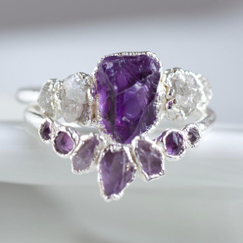 Amethyst And Diamond Ring. Raw Amethyst Ring. Amethyst Engagement Ring. Alternative Engagement Ring. 999 Pure Silver Ring. Promise Ring image 2
