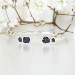 Raw Rough Blue Sapphire Adjustable Cuff Ring. 999 Pure Fine Silver Electroformed Gemstone Stackable Set