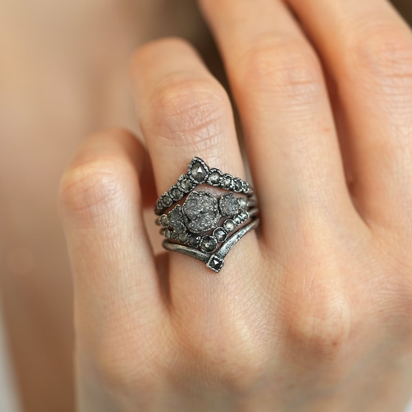 Custom Wedding Set Raw Gray Diamond Engagement Ring Galaxy Diamond Wave Ring Rustic Diamond Ring Urban Proposal 999 Silver Engagement Ring