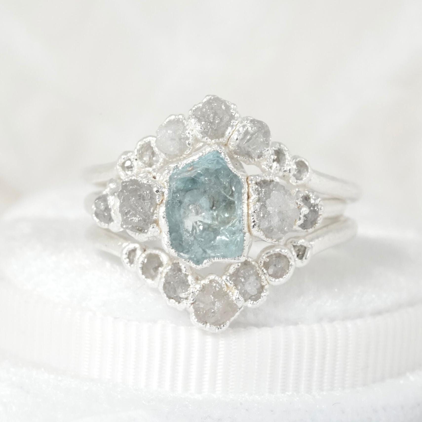 Raw Aquamarine Chevron Ring Set