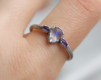Moonstone and Amethyst Ring. Rainbow Moonstone Engagement Ring Marquise Amethyst Ring electroformed Moonstone Jewellery Pear Shape Gem