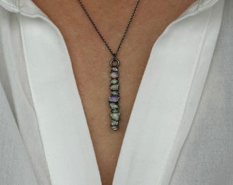 Raw Australian Opal Bar Necklace. 999 Pure Silver Electroformed Raw Rough Uncut Australian Opal Vertical Bar Pendant Charm Necklace