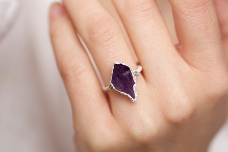 999 Pure Fine Silver RawAmethyst and White Raw Diamond Engagement Ring Engagement Ring Amethyst Engagement Ring Raw Stone Engagement Ring image 2