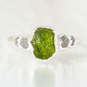 Rough Raw Natural Peridot White Diamond Ring. Handcrafted Electroformed 999 Pure Silver Stacking Fine Engagement Wedding Jewellery