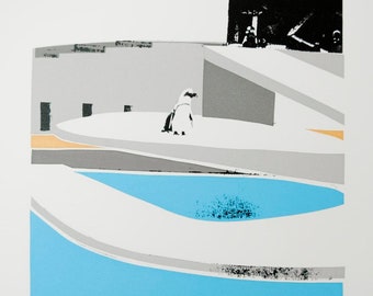 May include: A black and white penguin stands on a white platform in front of a blue pool. The platform is surrounded by gray and white geometric shapes. The background is a light blue sky with dark green trees.
