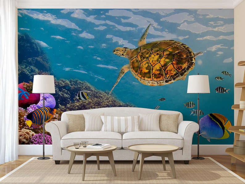 Turtle Underwater Wallpaper Wall Covering Peel and Stick Etsy