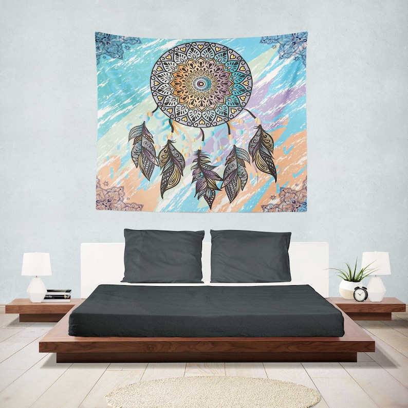 Blue Boho Cushions Hippie Pillow Cases Colorful Dream Catcher Bedroom Decor Watercolor Cushion Covers TWO MANDALA PILLOW Covers