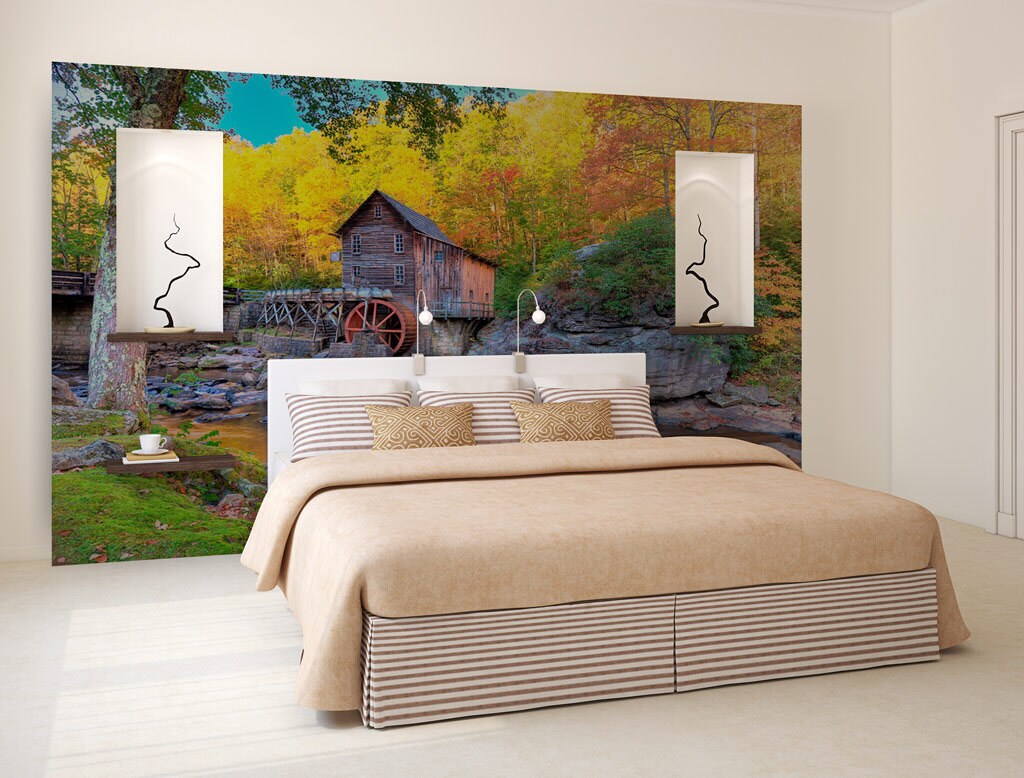 Forest Autumn Wall Mural Yellow Trees Wall Tapestry Etsy