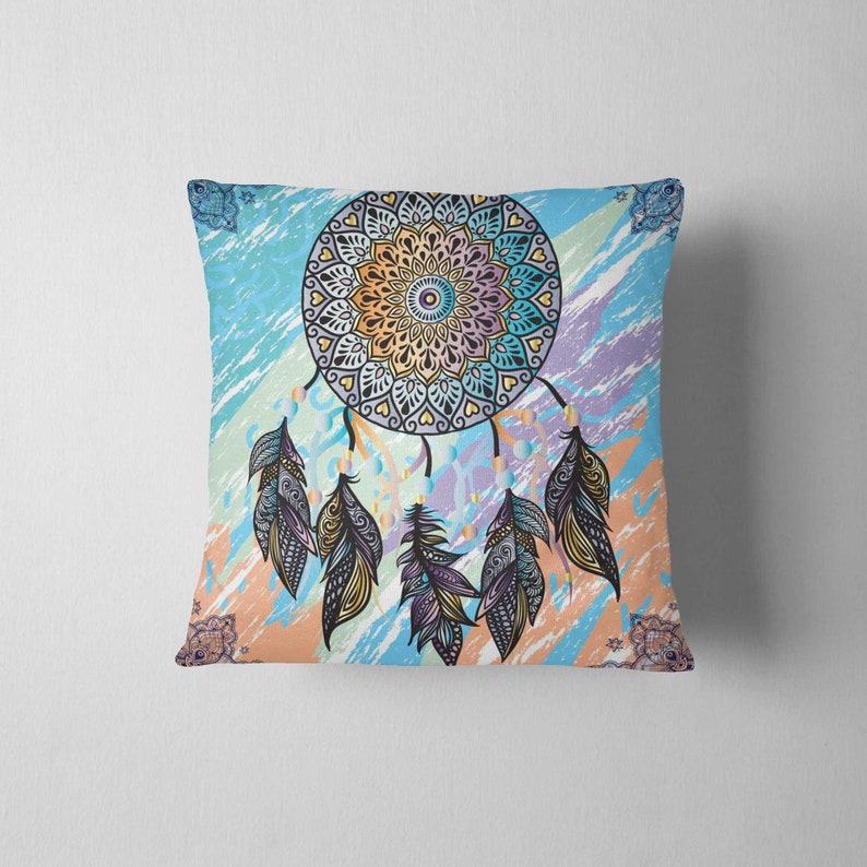Blue Boho Cushions Hippie Pillow Cases Colorful Dream Catcher Bedroom Decor Watercolor Cushion Covers TWO MANDALA PILLOW Covers