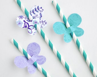 Butterfly Straw Toppers, Butterfly Straw Flags - Purple and Teal - Printable