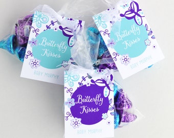 Butterfly Favor Tags, Butterfly Favor Labels - Purple and Teal - Personalized, Printable