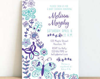 Butterfly Baby Shower Invitation, Butterfly Invite, Spring Baby Shower Invitation, Garden Baby Shower - Purple & Teal - Printable