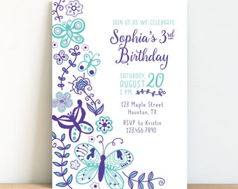 Butterfly Uitnodiging, Butterfly Birthday Invite, Meisje Verjaardag, Tuinfeest - Paars en Groenblauw - Gepersonaliseerd, Afdrukbaar