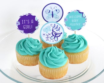 Butterfly Cupcake Toppers, Baby Shower of Verjaardagsfeest Cirkels - Paars & Groenblauw, Gepersonaliseerd, Afdrukbaar