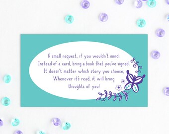 Butterfly Book Request Card, Books for Baby, Printable Baby Shower Insert - Purple and Teal