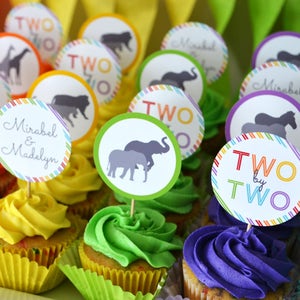 Noah's Ark Cupcake Toppers, Two by Two, Baby Shower or Birthday Party Circles, Twins - Rainbow - Personalized, Printable