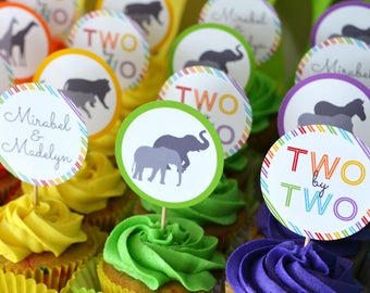 Noah's Ark Cupcake Toppers, twee bij twee, babyshower of verjaardagsfeestjes, tweeling - regenboog - gepersonaliseerd, afdrukbaar