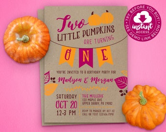 Two Little Pumpkins Birthday Invite • Twin Girls First Birthday Invitation • Fall First Birthday • Edit & Download Instantly!
