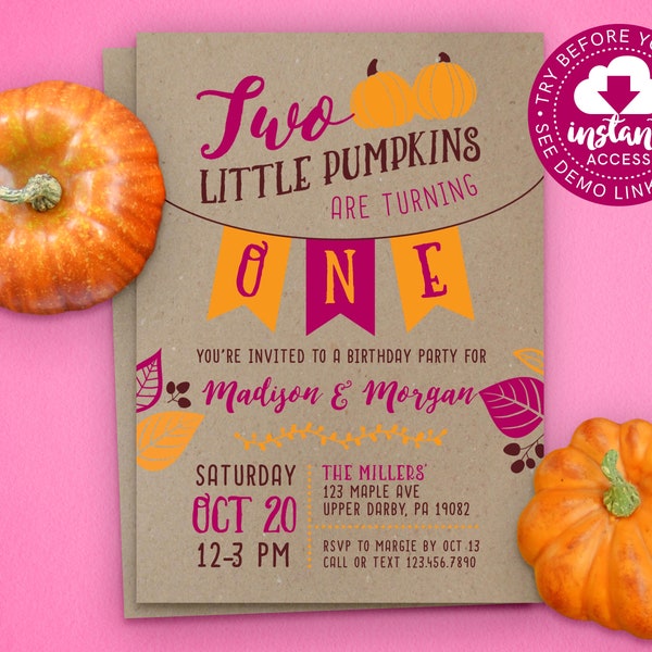 Two Little Pumpkins Birthday Invite • Twin Girls First Birthday Invitation • Fall First Birthday • Edit & Download Instantly!