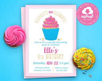 Cupcake versieren uitnodiging • Cupcake versieren verjaardagsfeestje • Afdrukbaar • Bewerken en direct downloaden!