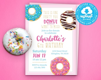Donut uitnodiging • Donut verjaardagsfeestje • Donut Wil dit feest missen • Afdrukbaar • Bewerken en direct downloaden!